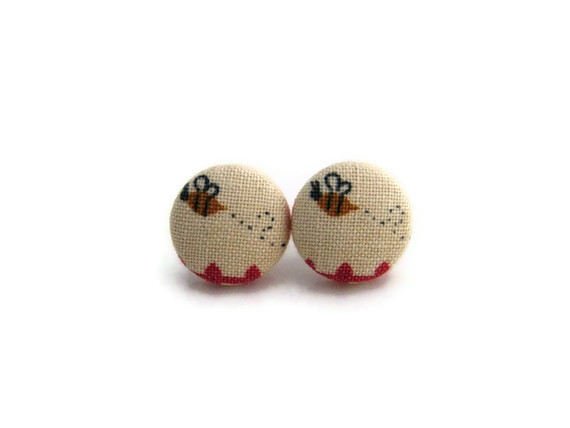 Bee Mini Fabric Buttons Earrings