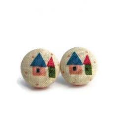 Miniature House Fabric Button Earrings - Colorful Earrings